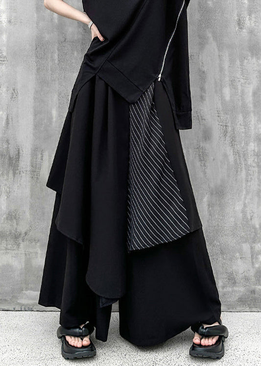 Modern Black Asymmetrical Pocketspatchwork Cotton Wide Leg Pants Fall