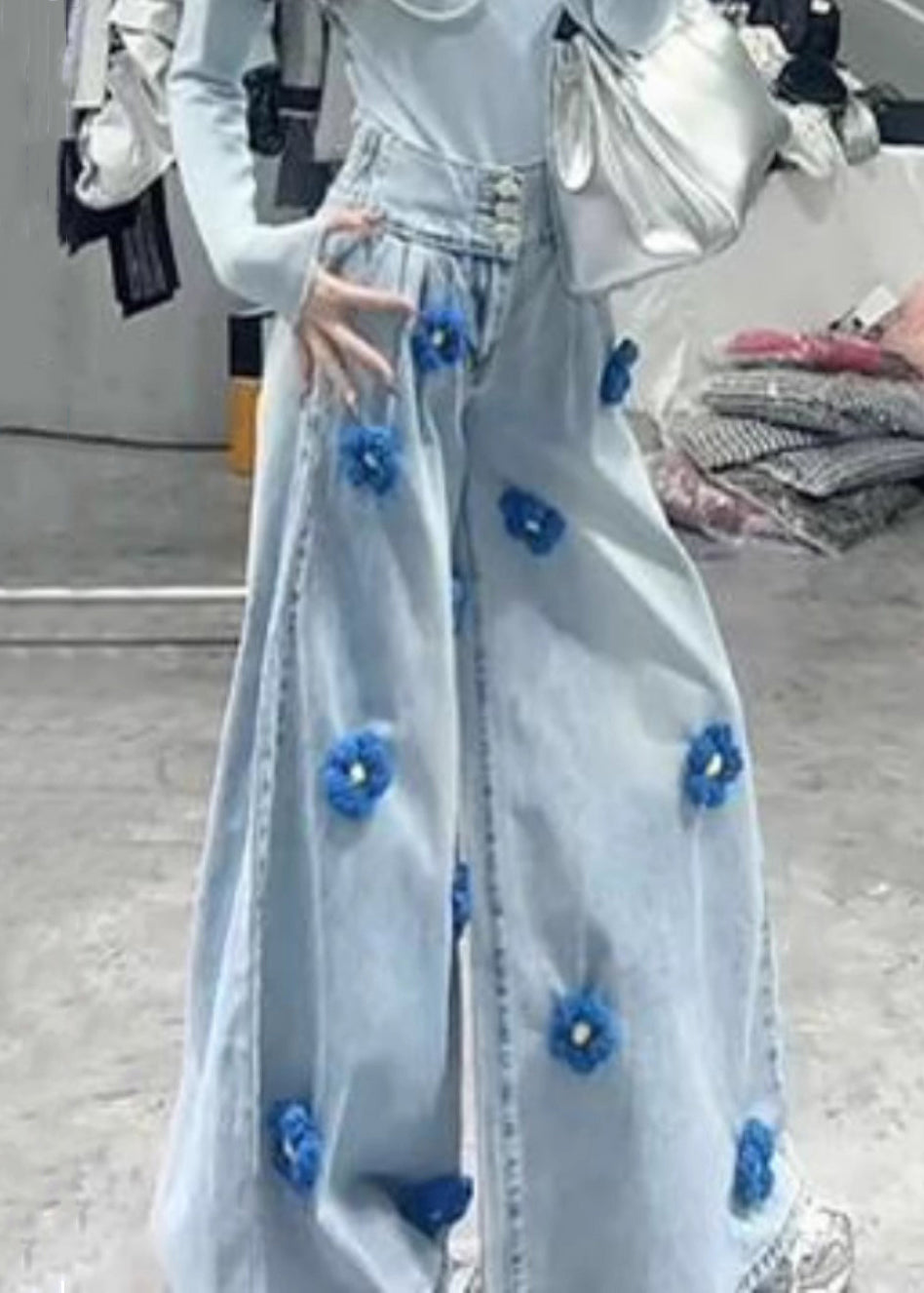 Modern Black Button High Waist Denim Wide Leg Pants Fall