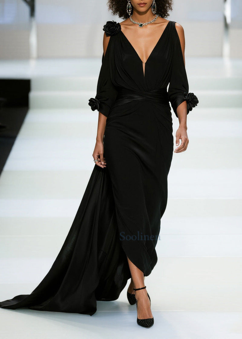 Modern Black Cold Shoulder Decorated Chiffon Vestidos Dress Summer