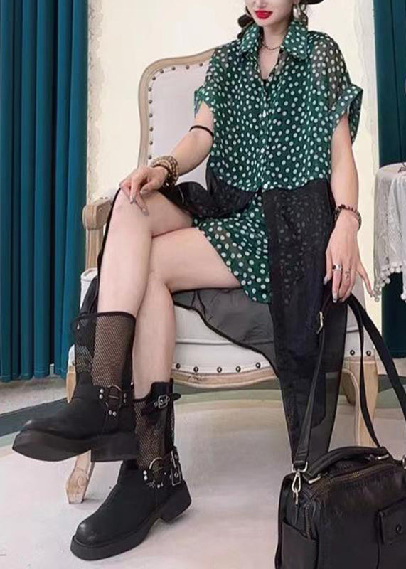 Modern Black Dot Print Tulle Patchwork Long Shirt and Shorts Two Pieces Set Short Sleeve