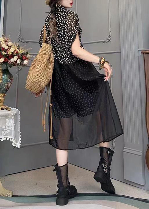 Modern Black Dot Print Tulle Patchwork Long Shirt and Shorts Two Pieces Set Short Sleeve