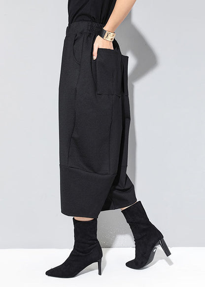 Modern Black Elastic Waist Patchwork Pockets Fall Wide Leg Pants
