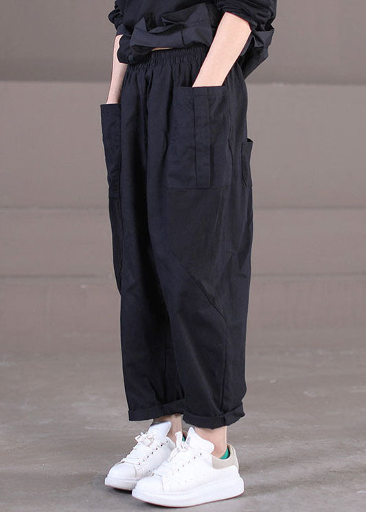 Modern Black Elastic Waist Pockets Patchwork Cotton Harem Pants Summer