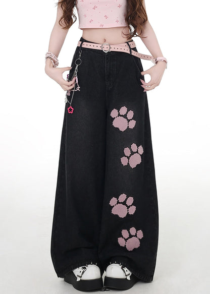 Modern Black Embroidered Pockets High Waist Denim Wide Leg Pants Fall