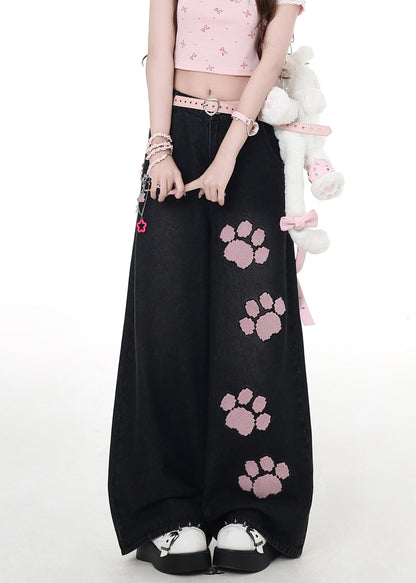 Modern Black Embroidered Pockets High Waist Denim Wide Leg Pants Fall
