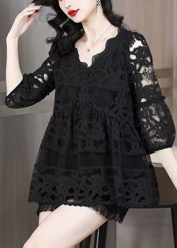 Modern Black Embroideried Patchwork Tulle a Line Tops Bracelet Sleeve