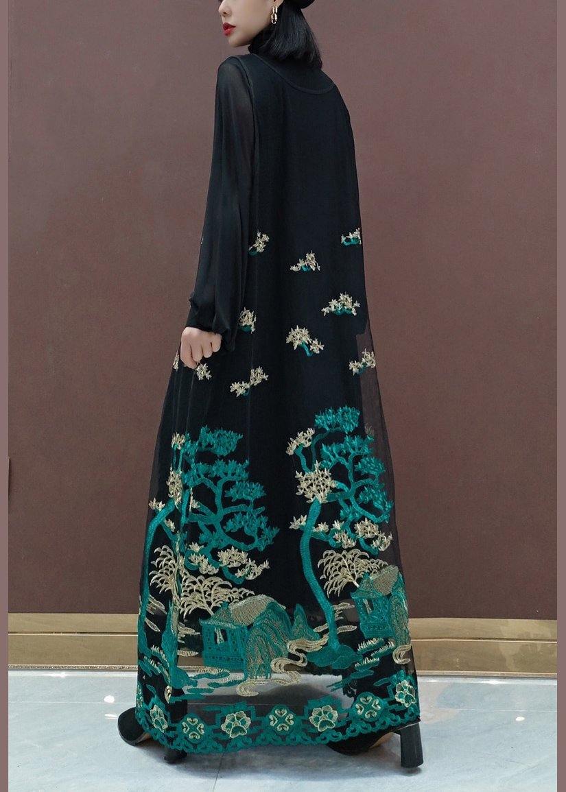 Modern Black Embroidery Dresses Stand Collar Patchwork Tulle Vestidos De Lino Spring Dress