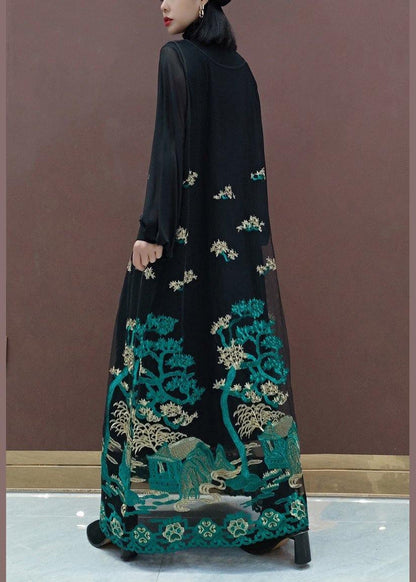 Modern Black Embroidery Dresses Stand Collar Patchwork Tulle Vestidos De Lino Spring Dress