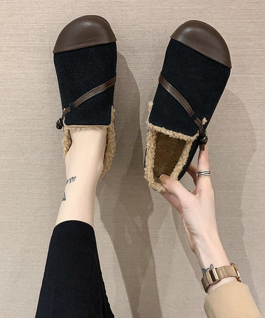 Modern Black Flat Shoes for Faux Leather Splicing Velour Fabric Flat Shoes
