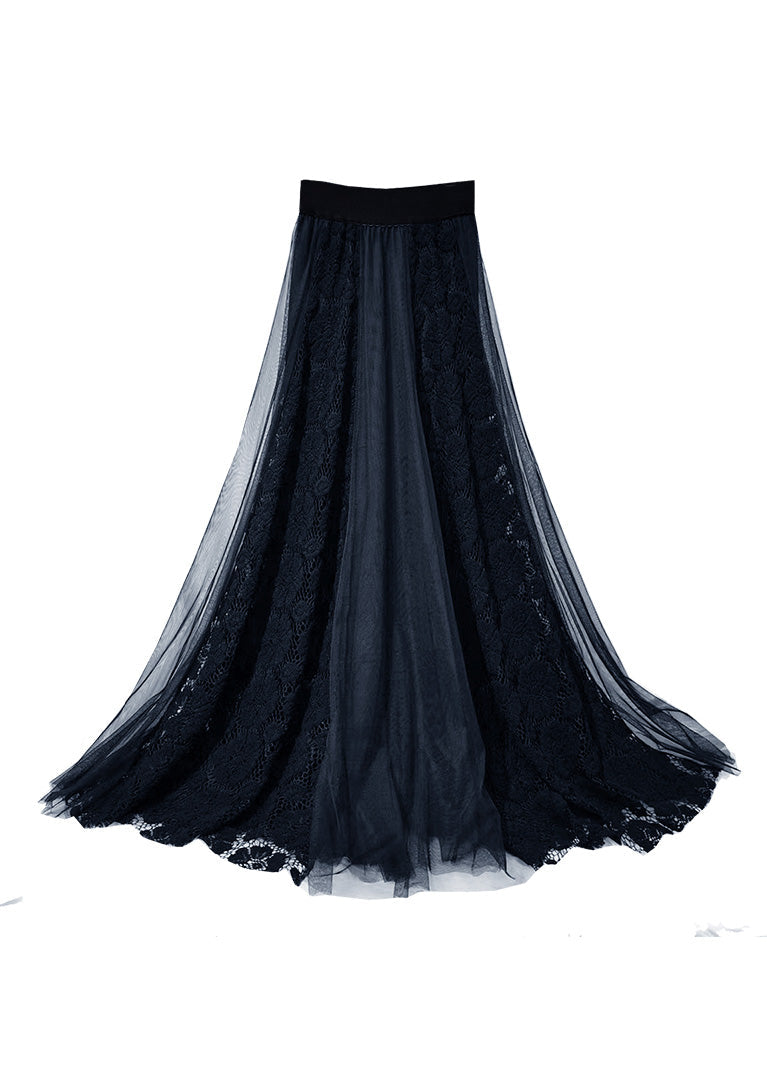 Modern Black High Waist Lace Patchwork Tulle a Line Skirt Spring