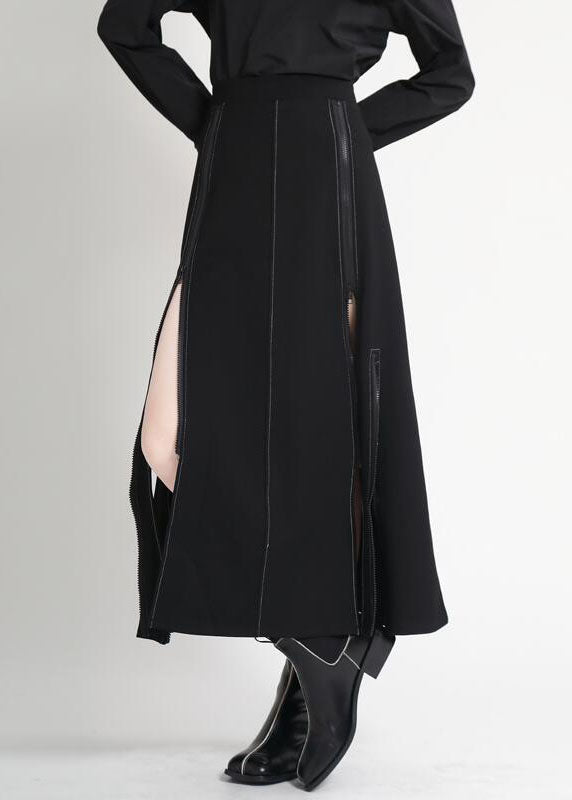 Modern Black High Waist Zippered Asymmetrical Design Patchwork Fall Skirt