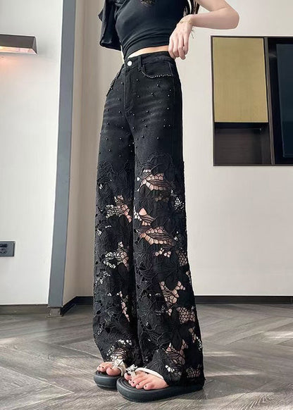 Modern Black Hollow Out Patchwork Denim Straight Pants Spring