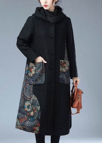 Modern Black Hooded Print Warm Fleece Woolen Trench Coat Winter