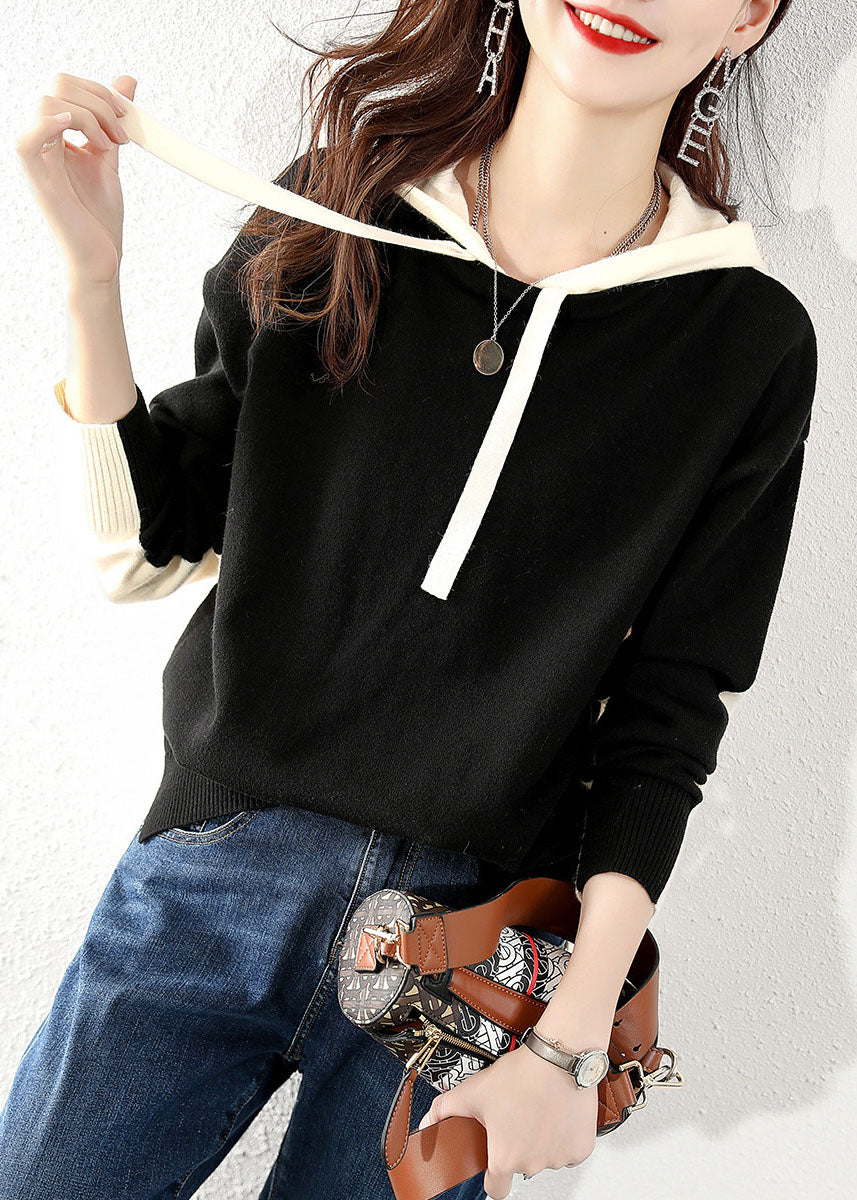Modern Black Hooded Knit Sweater Tops Winter
