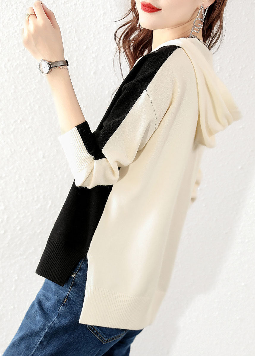 Modern Black Hooded Knit Sweater Tops Winter
