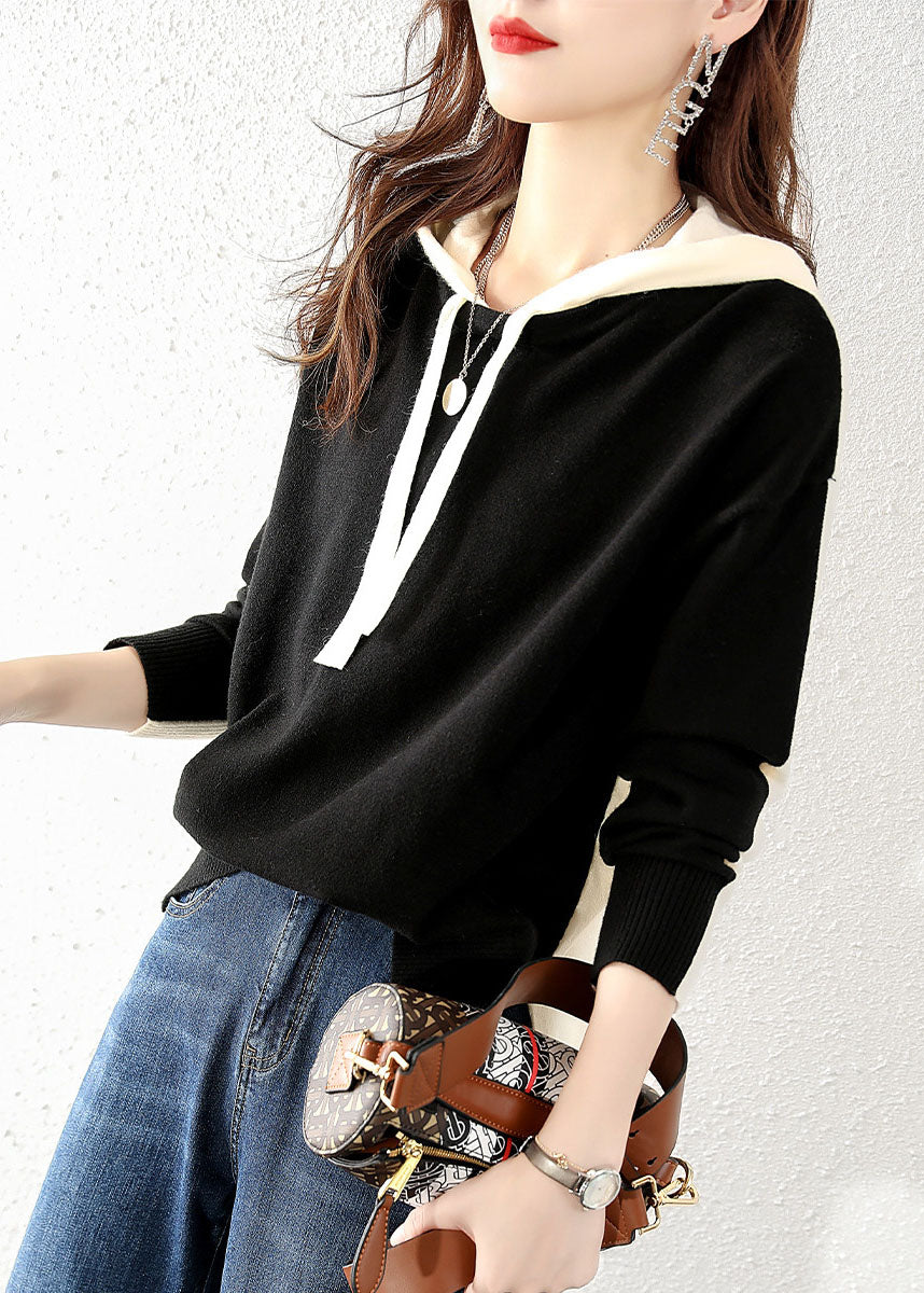 Modern Black Hooded Knit Sweater Tops Winter