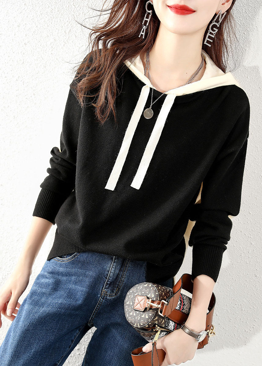Modern Black Hooded Knit Sweater Tops Winter