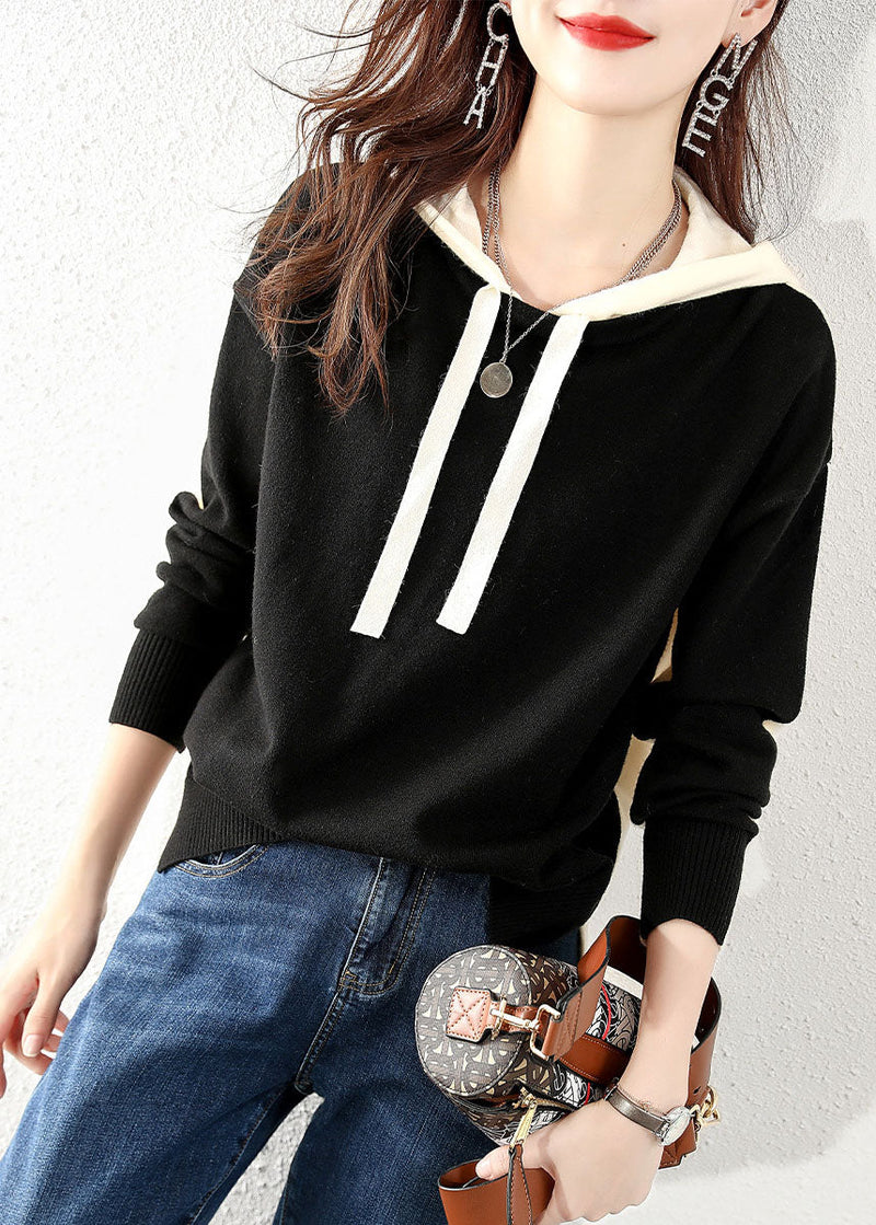 Modern Black Hooded Knit Sweater Tops Winter