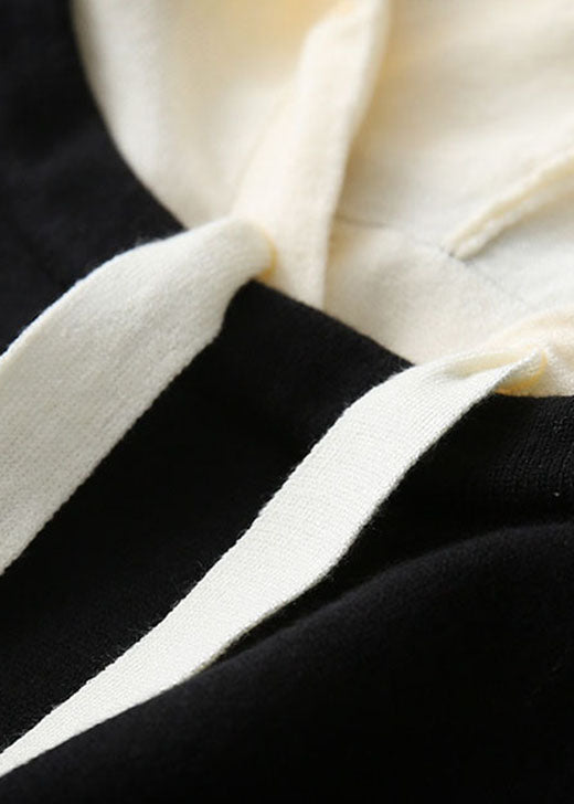 Modern Black Hooded Knit Sweater Tops Winter