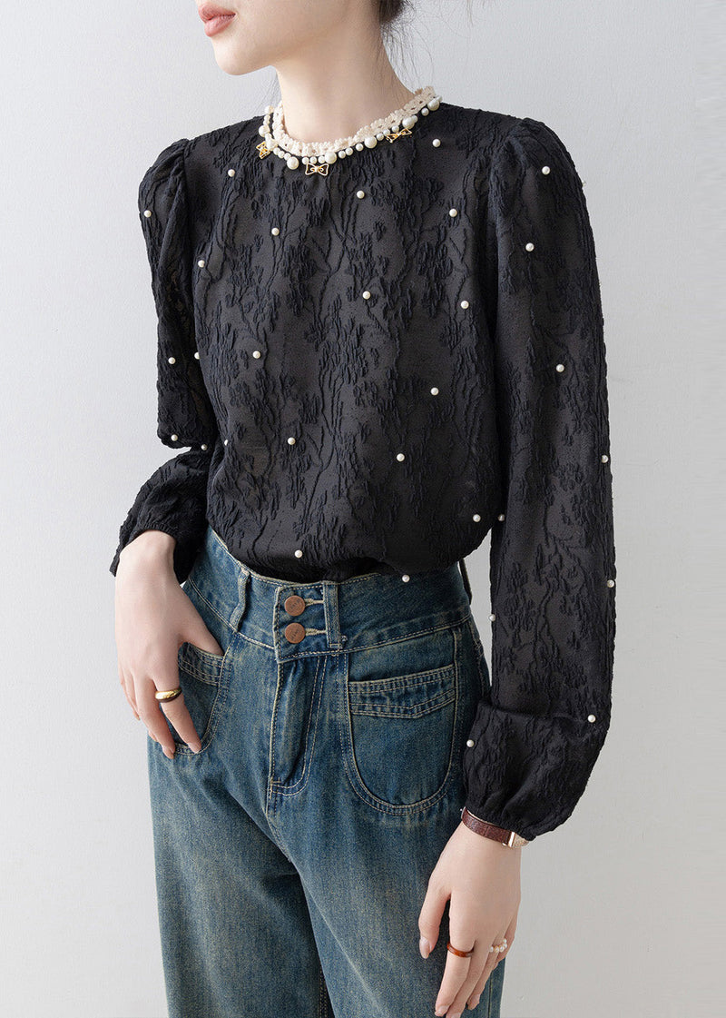 Modern Black Jacquard Nail Bead Chiffon Blouse Tops Spring