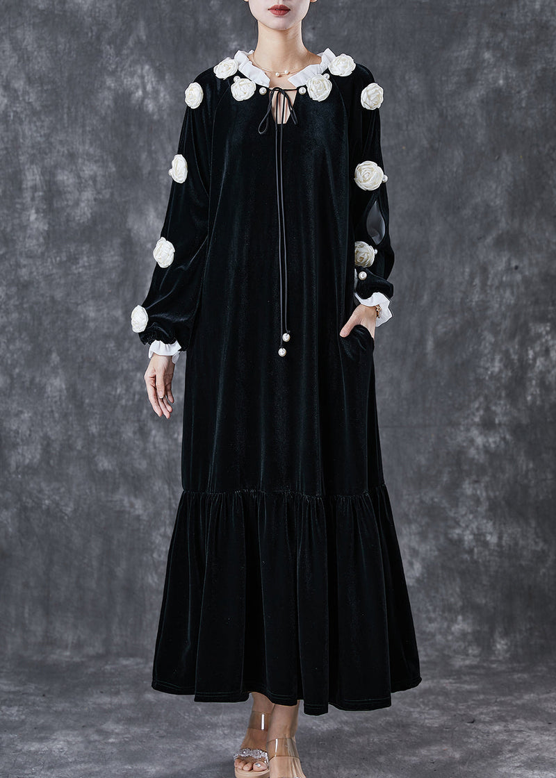 Modern Black Lace Up Silk Velour Maxi Dress Spring