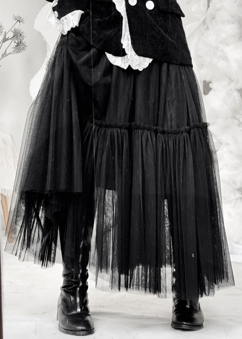 Modern Black Layered Design Ruffled Patchwork Tulle a Line Skirts Fall