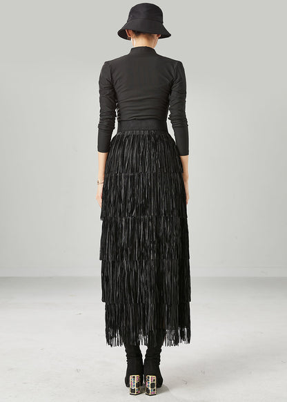 Modern Black Layered Tasseled Slim Fit Skirts Summer