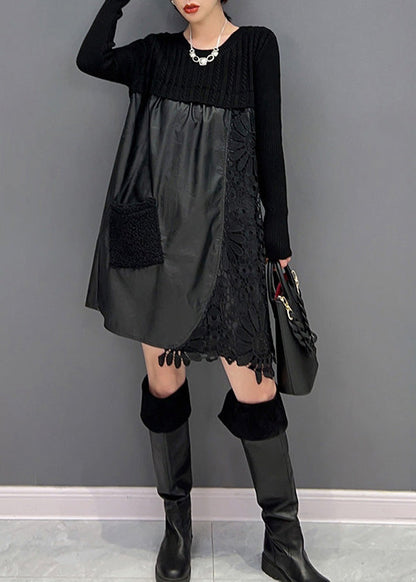 Modern Black O-neck Embroideried Knit Patchwork Faux Leather Mid Dress Winter