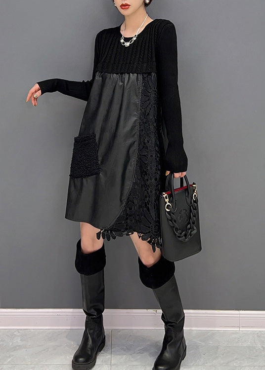 Modern Black O-neck Embroideried Knit Patchwork Faux Leather Mid Dress Winter