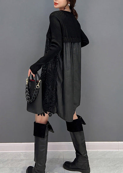 Modern Black O-neck Embroideried Knit Patchwork Faux Leather Mid Dress Winter