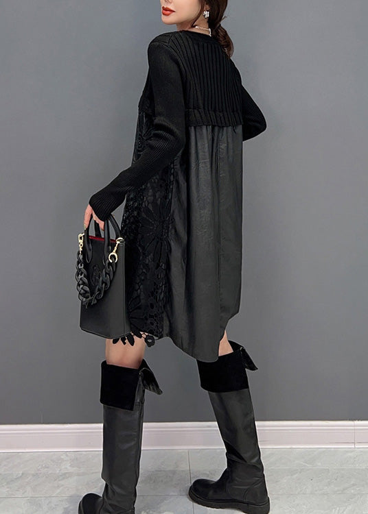 Modern Black O-neck Embroideried Knit Patchwork Faux Leather Mid Dress Winter