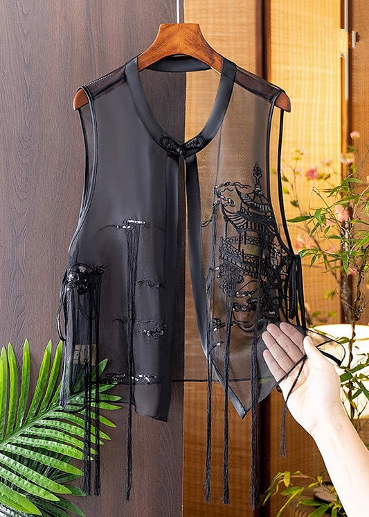Modern Black O-neck Embroideried Silk Waistcoat Summer