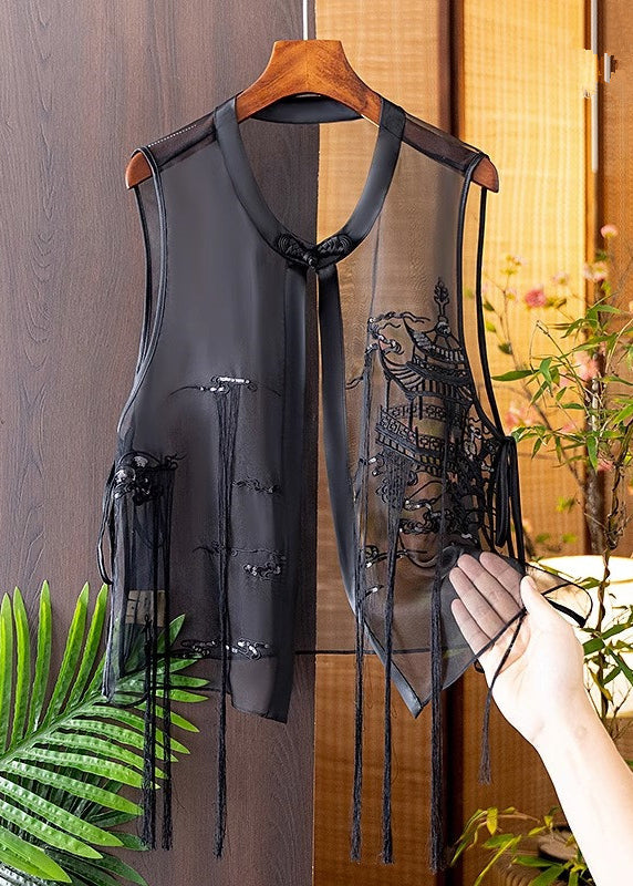 Modern Black O-neck Embroideried Silk Waistcoat Summer
