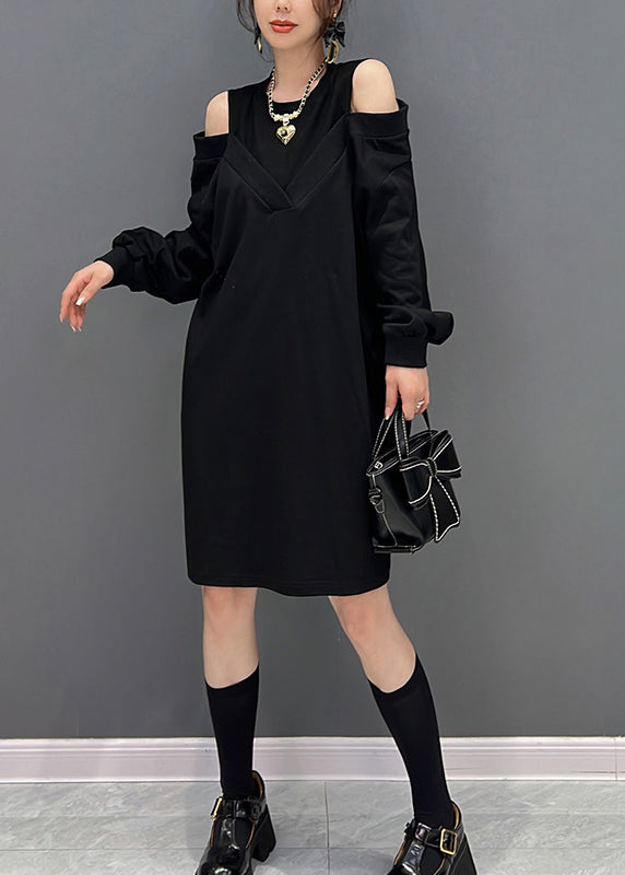 Modern Black O-neck Fake Two Pieces Knit Mid Dresses Fall