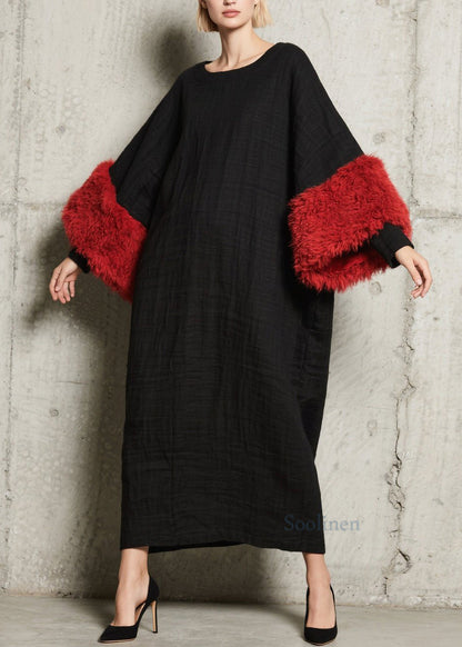 Modern Black O Neck Fuzzy Fur Patchwork Cotton Dress Fall