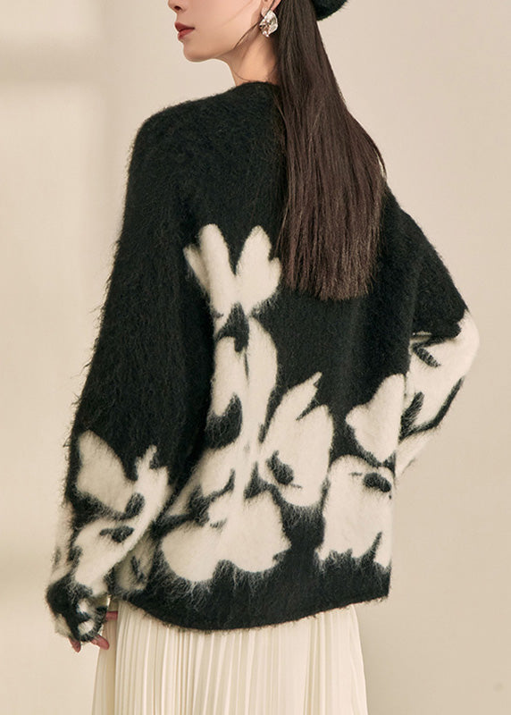 Modern Black O-neck Print Cotton Knit Cardigan Spring