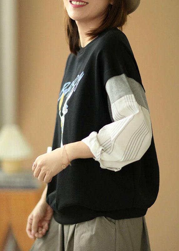 Modern Black O-neck Print Patchwork Fall Loose Sweatshirts Top