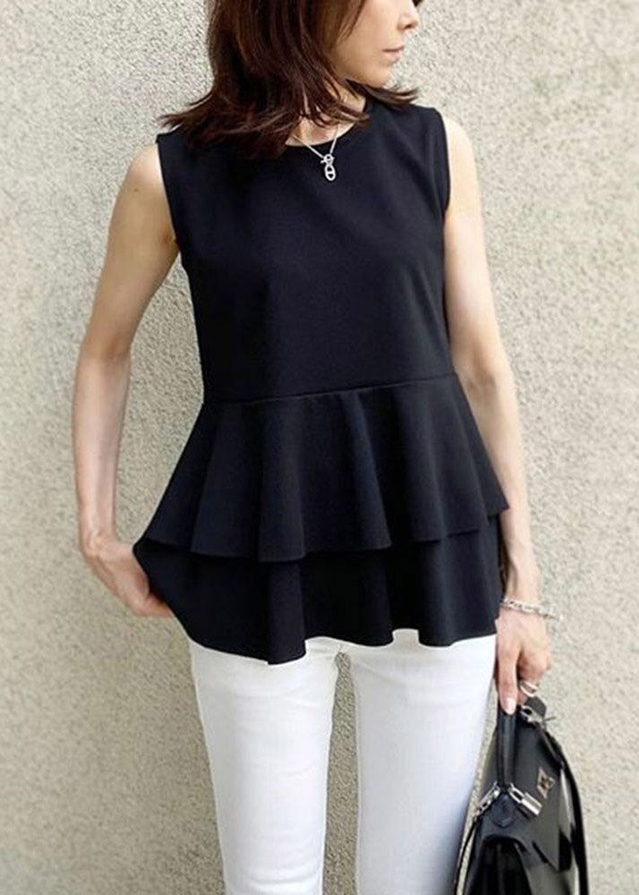 Modern Black O-neck Ruffled Chiffon T Shirts Summer