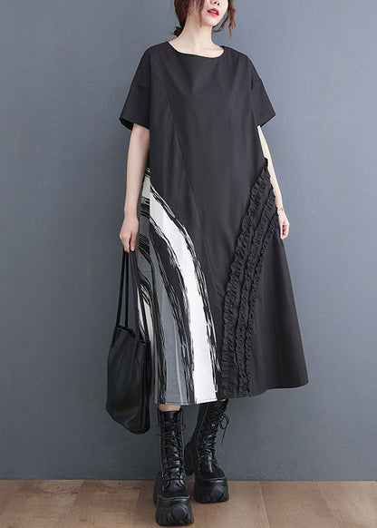 Modern Black O-neck Ruffled Print Cotton a Line Dress Short Sleeve