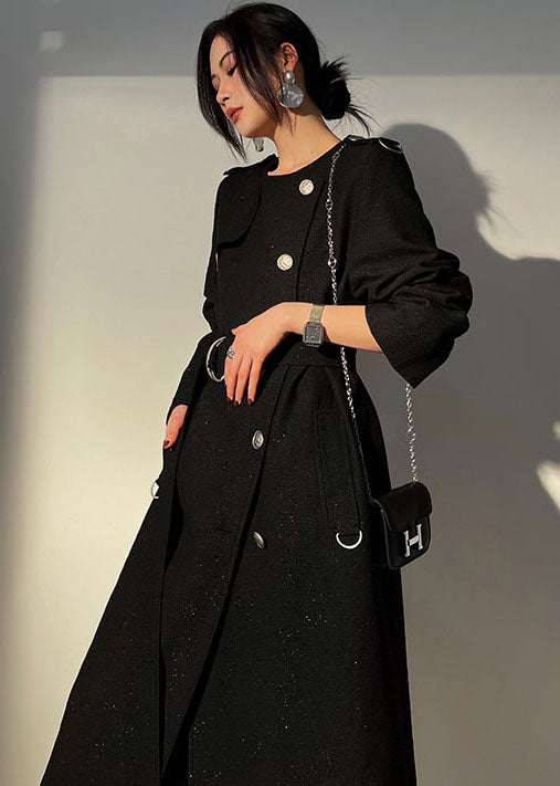 Modern Black O-neck Sashes Original Design Wool Trench Long Sleeve