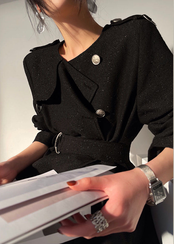 Modern Black O-neck Sashes Original Design Wool Trench Long Sleeve