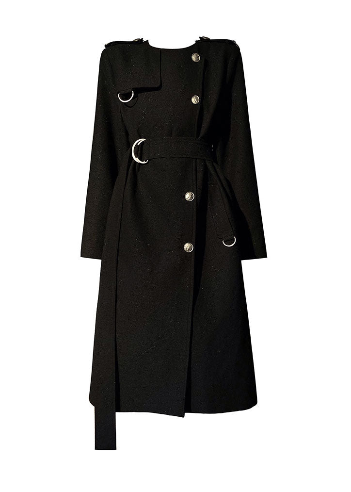 Modern Black O-neck Sashes Original Design Wool Trench Long Sleeve