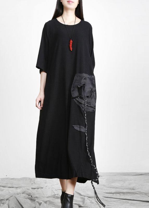 Modern Black O-neck Side Open Fall Dress