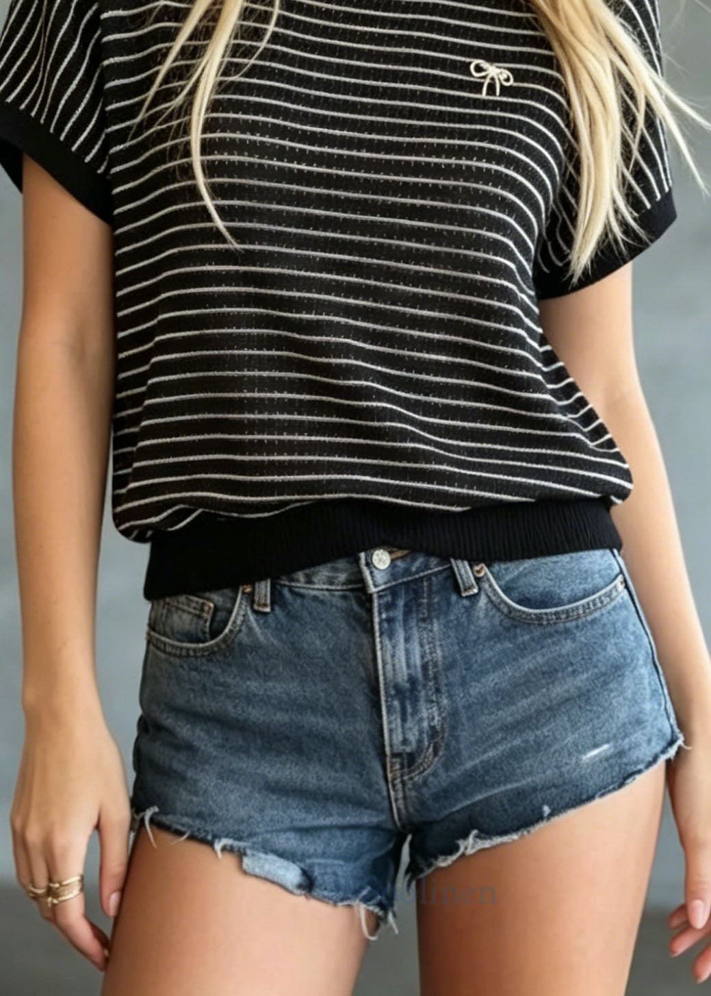 Modern Black O Neck Striped Ice Silk Knit Top Summer
