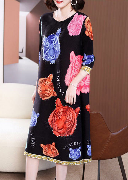 Modern Black O-neck Tiger Print Wrinkled Long Dress Summer