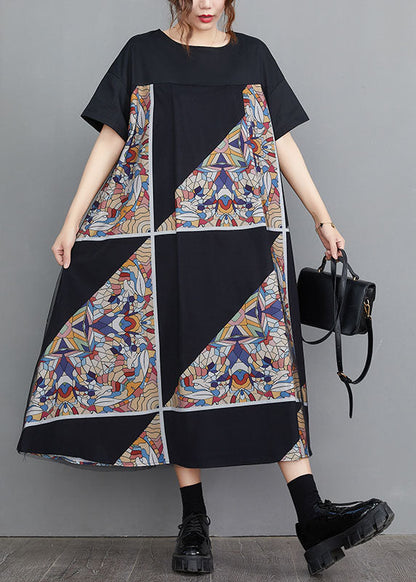 Modern Black O-neck Tulle Patchwork Geometric Print Cotton a Line Dresses Short Sleeve