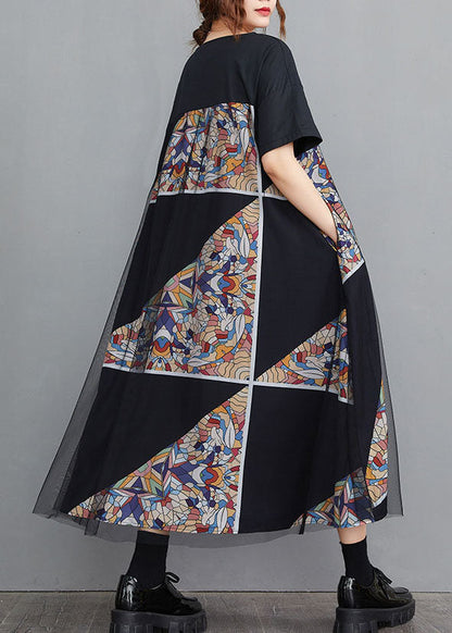 Modern Black O-neck Tulle Patchwork Geometric Print Cotton a Line Dresses Short Sleeve