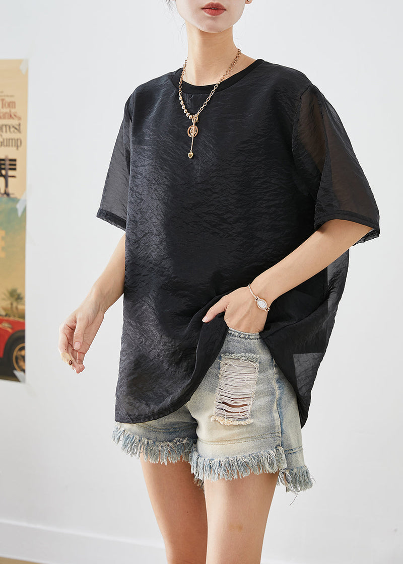 Modern Black Oversized Fake Two Piece Tulle Upf 50+ Tops Summer