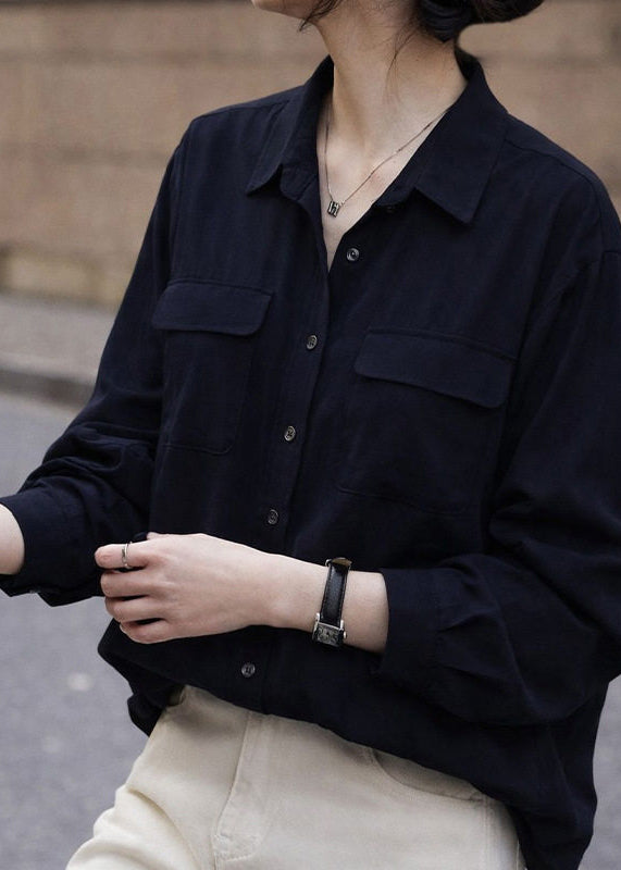 Modern Black Oversized Pockets Cotton Shirt Spring