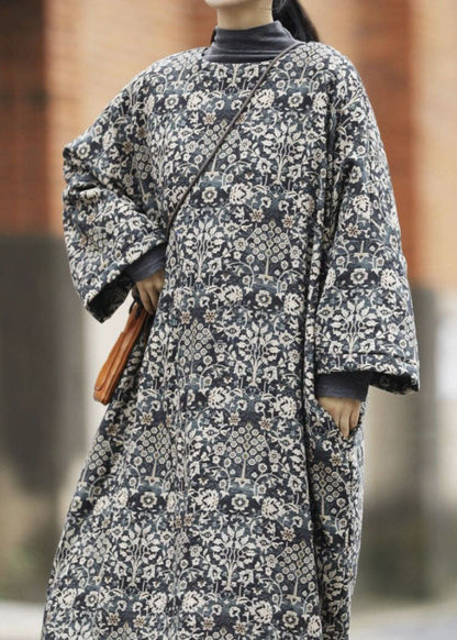Modern Black Oversized Print Fine Cotton Filled Dress Winter